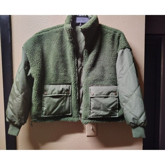 Reversible Sherpa quilted trucker bomber jacket oversized women's olive green - Picture 1 of 10